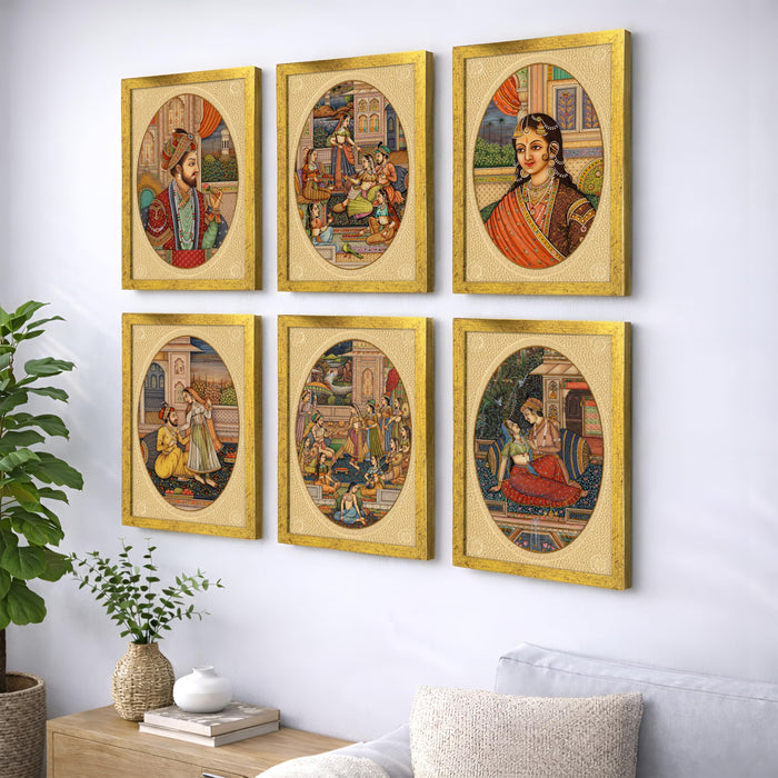 Mughal Miniature Painting With Frame for living room, Rajasthani Emperor Framed Wall Art Painting for Home Decor Set of 6, Size 9.5 by 12.5 Inch