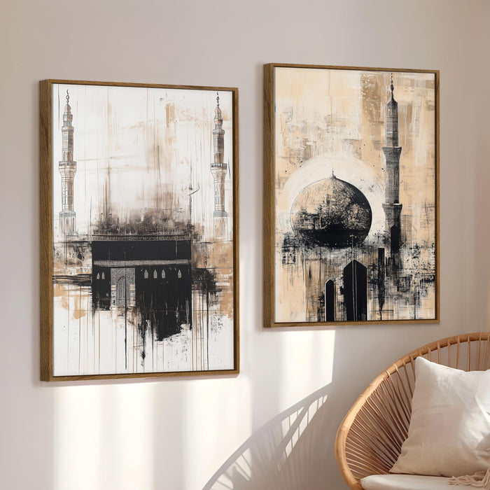 Kaaba Abstract Minimalist Stretched Canvas Painting Islamic Large Wall Art Painting for Living Room Decoration, Stylish Large Wall Art Print for Wall Decor (Set of 2, 58x89 cm)