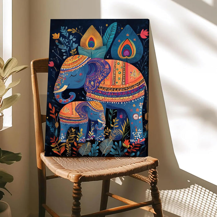 Gond Art of Elephants and Botanical in Multicolor | Digital Painting On Canvas Stretched on Wood (16x22 Inch)