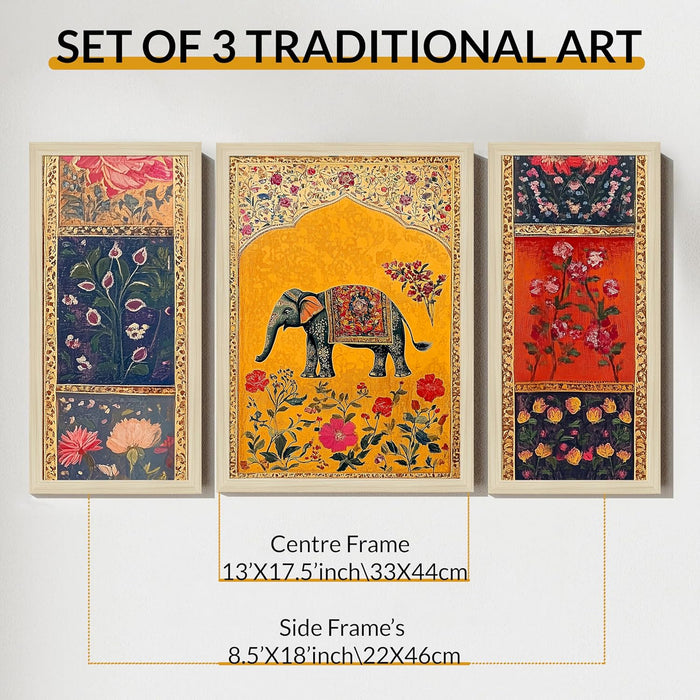 Pichwai Framed Wall Art Painting Home Décor Pack Of 3 | Digital Scenery Painting with Frame, Set Of 3, 22x46 cm, 33x44 cm