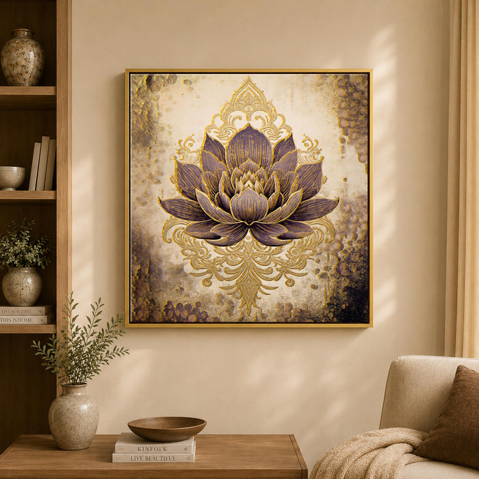 Vastu Lotus Gold Foil Canvas Painting For Living Room | Premium Golden Textured Abstract Floral Canvas Wall Art with Frame for Home Wall, Decoration Item for Pooja Room, Home 23x23 Inch