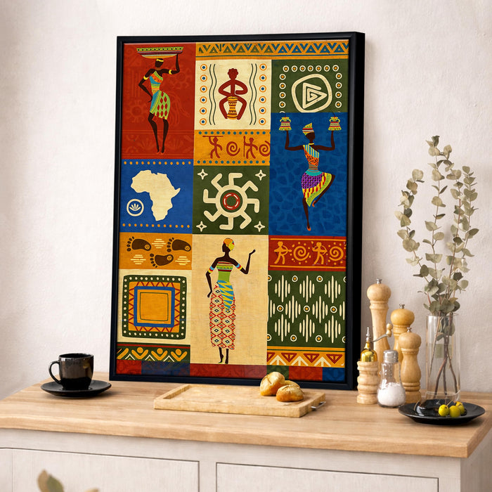 African Warli Art Framed Canvas Painting for Living Room Wall Deocr, African Cultural Motifs Framed Canvas Wall Art for Bedroom Home, Hallways Office Hotel, Size 43x58 cm