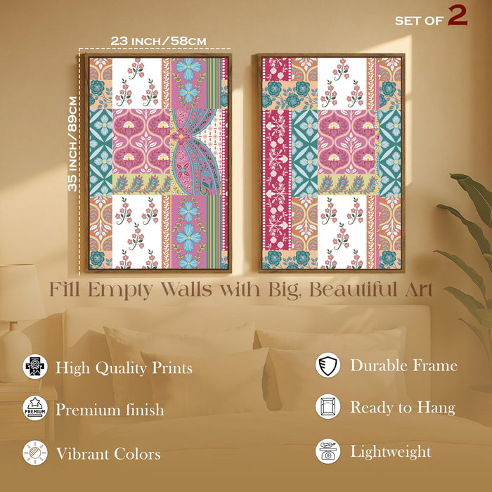 Mughal Flower Pattern Canvas Painting Indian Large Wall Art Painting for Living Room Decoration, Stylish Large Wall Art Print for Wall Decor (Set of 2, 58x89 cm)