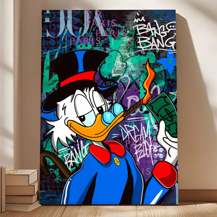 Money & Success Pop Art Canvas Print, Street Style Millionaire Duck Cash, Modern Urban Decor for Office & Man Cave, Canvas print Ready to Hang - 56x86 cm