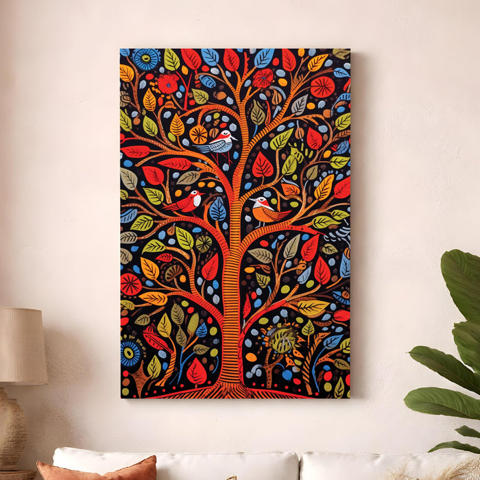 Madhubani Tree of Life Stretched Canvas Painting For Living Room | Indian Folk Tropical Stretched Canvas Wall Art For Livingroom Home Decor, Bedroom, Hallway's, Office, Hotel - 56x86 cm
