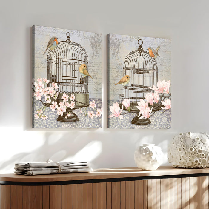 Floral Bird Theme Stretched Canvas Painting Art Print Pack of 2 | Digital Print On Stretched-Canvas (30x41 CM)