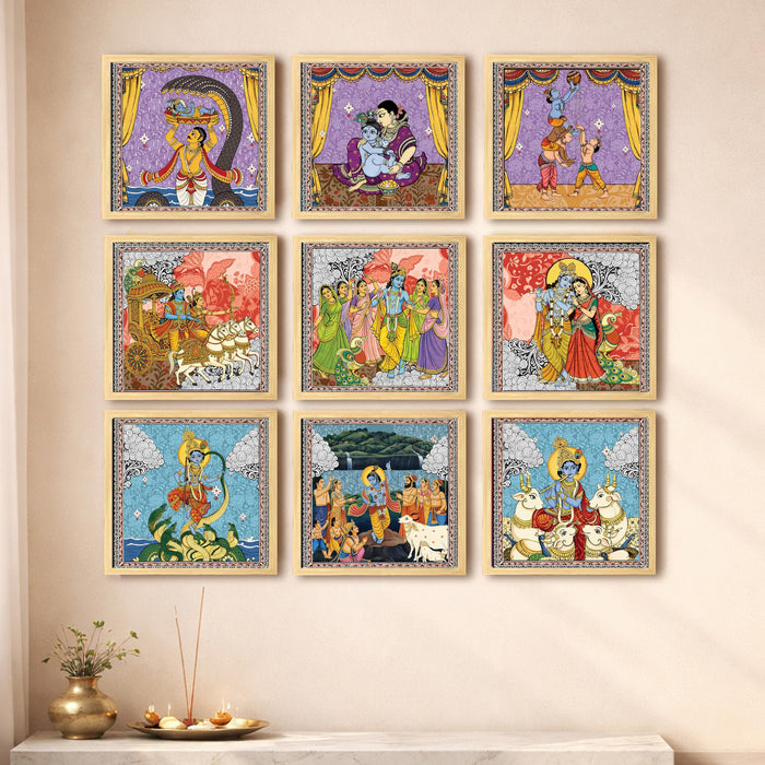 Krishna Wall Sculpture Paintings for Home decoration | Pichwai Madhubani Wall painting for living room | Krishna Leela Wall Décor | Wall art | Home Décor Gift Items | Set of 9, (9x9 Inch)