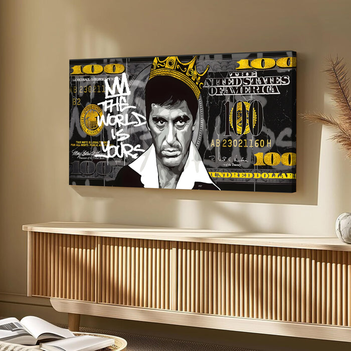 Luxury Crowned Gangster Pop Art Wall Painting | Bold Money-Themed Portrait Stretched Canvas Artwork for Living Room & Office Décor, 22x46 Inch