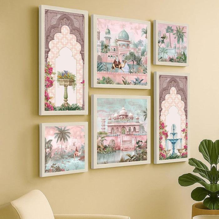 Framed Wall Art Print Pack of 6 Framed Wall Decoration Art Prints Traditional Indian Mughal 24x48, 34x34 and 24x24 cm