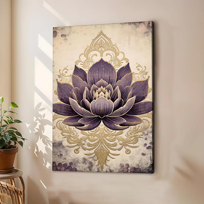 Abstract Stretched Canvas Multicolor Wall Art Painting Purple Lotus Indian Folk Digital Painting  ‰ÛÒ 22x34 Inch