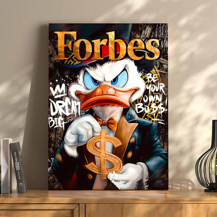 Luxury Cartoon Duck Pop Art Stretched Canvas Painting Print| Money Motivation Street Art Wall Décor | Modern Success-Themed Artwork for Home & Office, 41x56 cm