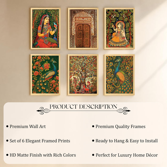 Madhubani & Folk Wall Art Painting for living room, Rajasthani Art Peacock & Floral Theme Framed Art Print for Home decoration, Bedroom, and office (Set of 6, 13x9 inch)