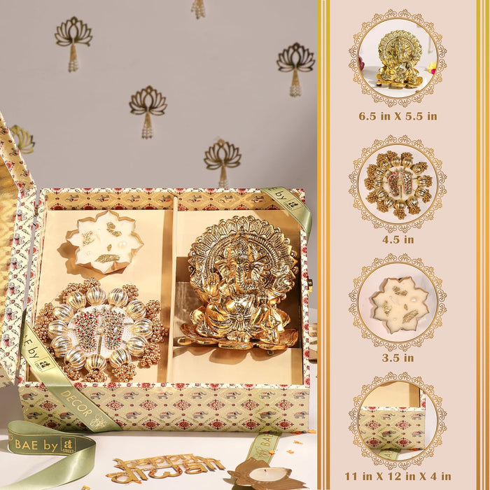 Diwali Gift Hamper Laxmi Ganesh Idol and Laxmi Charan with Urli Diya, Friends and Relatives (Pack of 3)