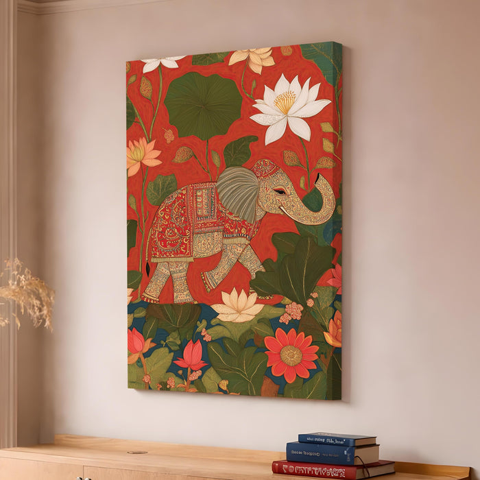 Indian Lotus Elephant Stretched Canvas Painting For Living Room | Madhubani Wildlife Stretched Canvas Wall Art For Livingroom Home Decor, Bedroom, Hallway's, Office, Hotel - 56x86 cm