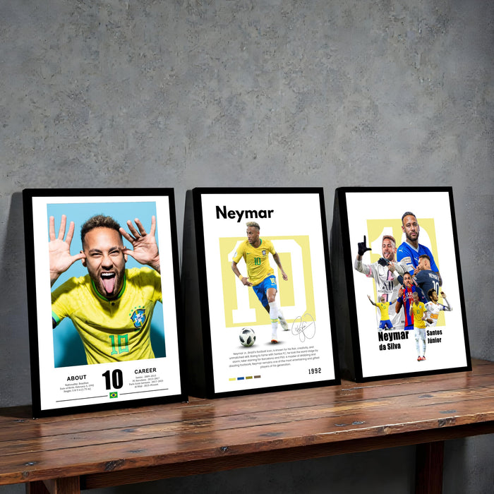Neymar Jr Brazil Sports Painting With Frame for living room, Football Player Framed Wall Art Painting for Home Decor Set of 3, Size 13.6 by 17.9 Inch