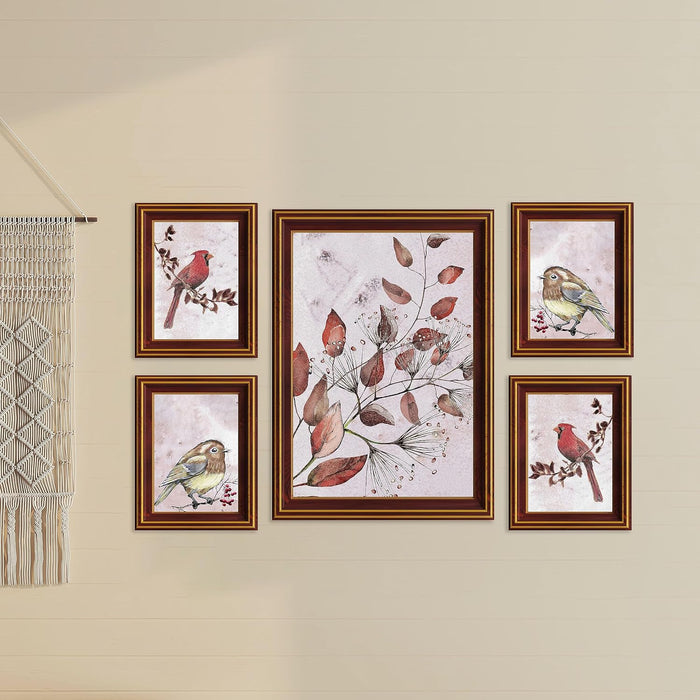 Art Street Bird On Branch Framed Art Print For Living Room, Decorative Home & Wall Decor - Set Of 5 (Brown, 4 Pcs-5x7 Inch, & 12x16 Inch)
