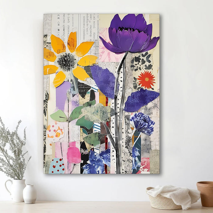 Abstract Collage Floral Art Newspaper Pattern in Multicolor | Digital Painting On Canvas Stretched on Wood (16x22 Inch)
