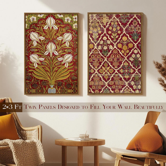 Flower Pattern Mughal Canvas Floral Large Wall Art Painting for Living Room Decoration, Stylish Large Wall Art Print for Wall Decor (Set of 2, 58x89 cm)