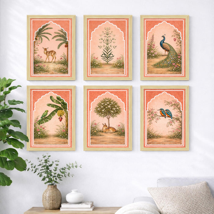 Mughal Miniature Painting With Frame for living room, Royal Flower garden Framed Wall Art Painting for Home Decor Set of 6, Size 9.5 by 12.5 Inch