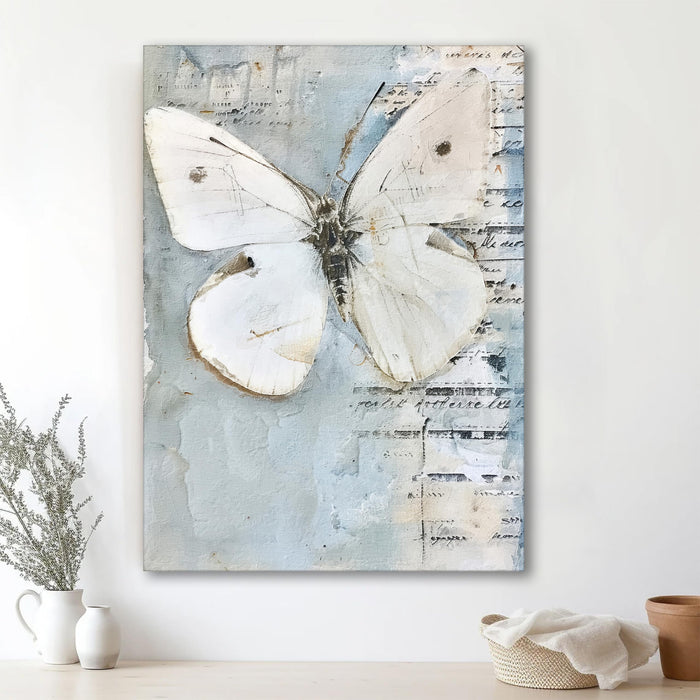 Distressed Aesthetics Art of Butterfly in Sky and White | Digital Painting On Canvas Stretched on Wood (16x22 Inch)