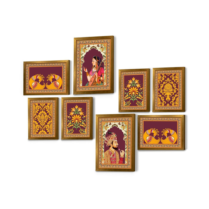 Art Street Set of 8 Indian Folk Wall Art Royal Prince with Queen Palace Painting For Home (Size: 9.3x12.7 & 12.7x17.5 Inch)