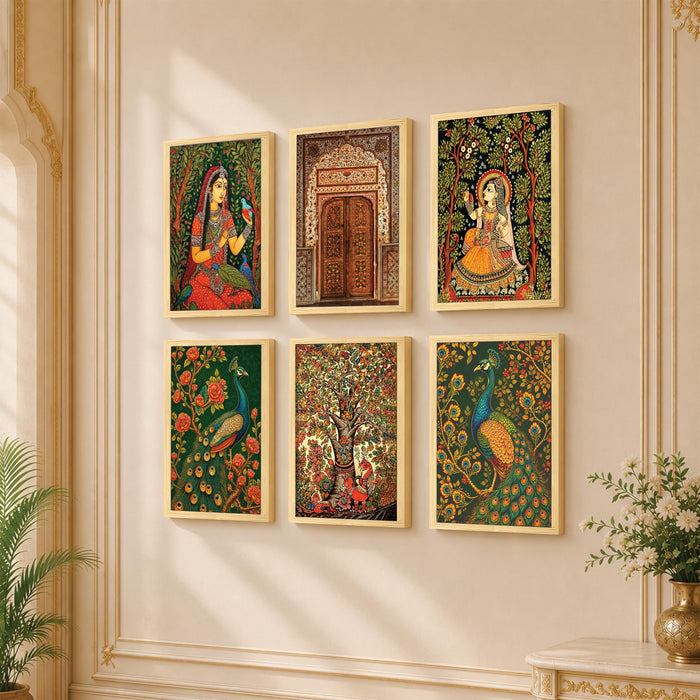 Madhubani & Folk Wall Art Painting for living room, Rajasthani Art Peacock & Floral Theme Framed Art Print for Home decoration, Bedroom, and office (Set of 6, 13x9 inch)
