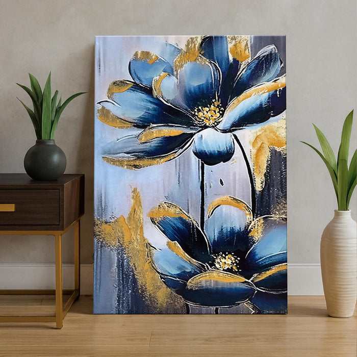 Stretched Canvas Abstract Blue and Gold Flower Paintings Abstract 3d Paintings for Office Hand Painted Canvas Art 3D Textured Floral Wall Painting Modern Aesthetic Home Decor 61x91 cm