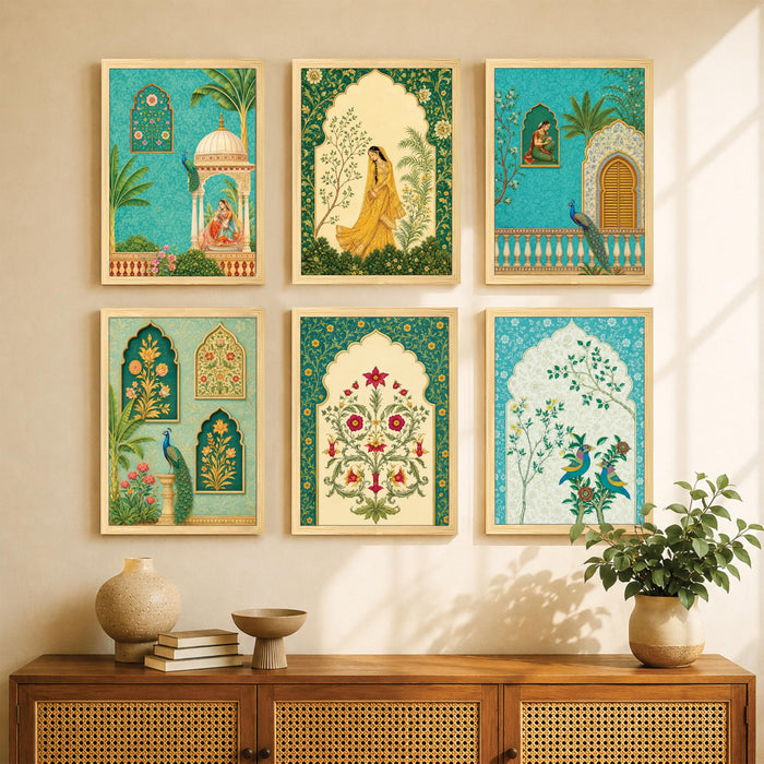 Mughal Jharokha Royal Queen Wall Art Painting, Traditional Turquoise Arch, Peacock & Floral Theme Wooden Framed Wall Art Print for Living Room & Home Decor (Set of 6, 13x9 inch)