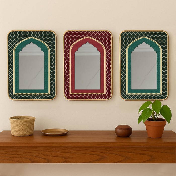 Decorative Jharokha Acrylic Mirror Set of 3 Red Abstract Floral Pattern Printed Gold Metal Finish Décor Mirror (8.2x12.2 Inches)