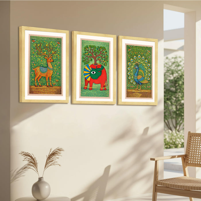 Gond Art of Deer Elephant Peacock A3 Framed Poster for Living Room With Frame, Nature Botanical Madhubani Framed Vastu Posters for Home Decor Bedroom Hallways Office Hotel Set of 3, Size 33x45 cm