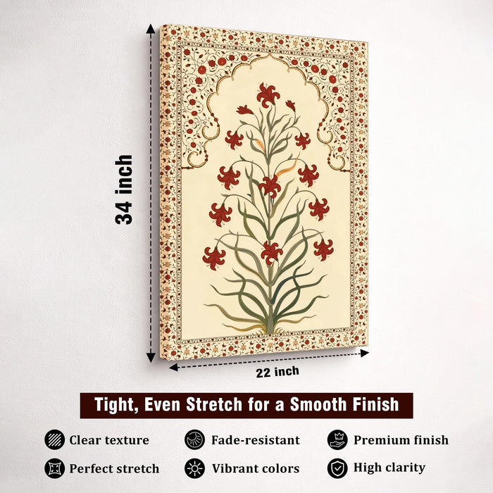Madhubani Floral Jharokha Stretched Canvas Painting For Living Room | Mughal Garden Stretched Canvas Wall Art For Livingroom Home Decor, Bedroom, Hallway's, Office, Hotel - 56x86 cm
