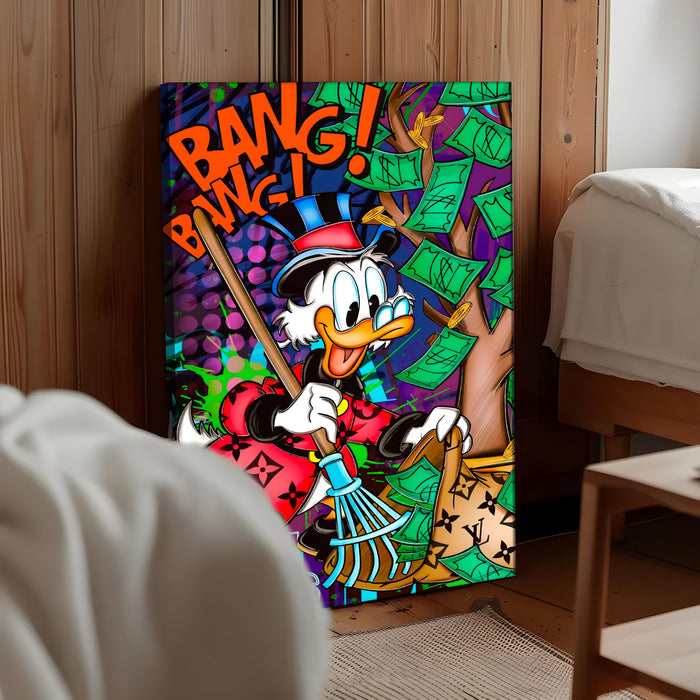 Bang Bang Hustle Pop Art Stretched Canvas Painting Print | Money Tree Street Art Wall Décor | Bold Motivational Artwork for Modern Home & Office, 56x86 cm