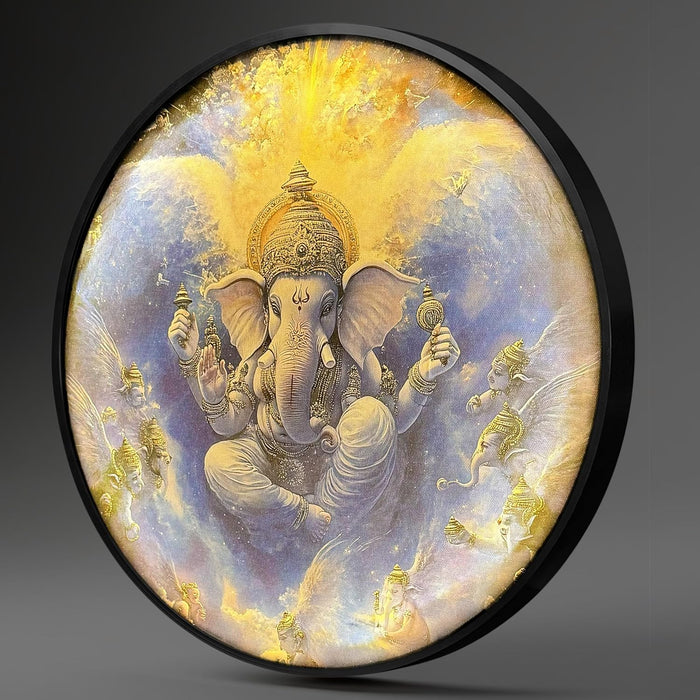 Shree Ganesh Ji Night Wall Lamp Painting with Premium Aluminium Metal Frame, Religious Round Wall Painting with Warm White Night Lamp (18x18 Inches)