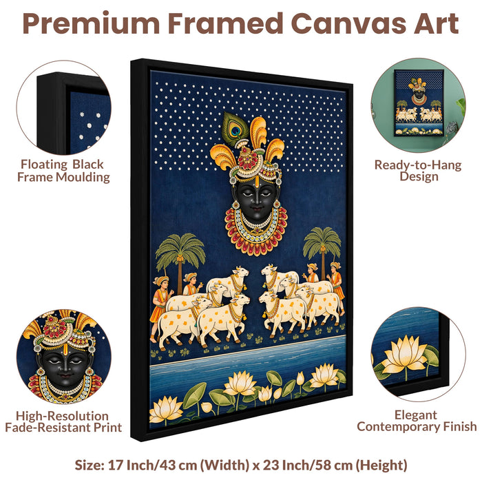 Krishna Pichwai Framed Canvas Painting for Living Room Wall Decor, Religious Krishna Cow and Lotus Framed Canvas Wall Art for Home Temple Vastu Place Size 43x58 cm