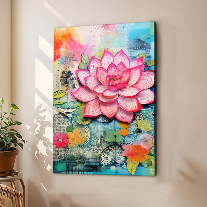 Abstract Stretched Canvas Multicolor Wall Art Painting Lotus Digital Painting‰ÛÒ 22x34 Inch