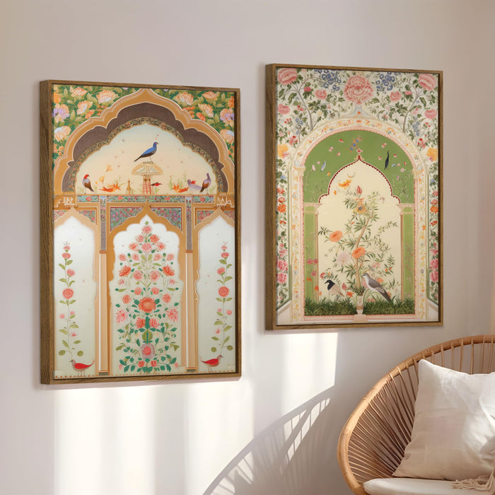 Mughal Jharokha Peacock and Flower Canvas Indian Large Wall Art Painting for Living Room Decoration, Stylish Large Wall Art Print for Wall Decor (Set of 2, 58x89 cm)