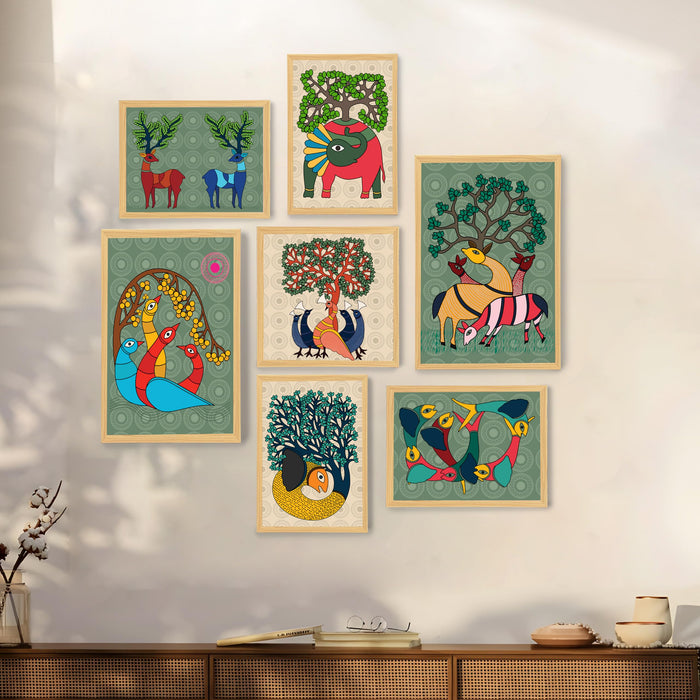 Framed GOND Tribal wall painting Set of 7 Indian Wall Art Print Elephant Deer and Peacock with Flower for Home and and Office Decor (Size: 9.3x12.7, 13x13 & 12.7x17.5 Inch)
