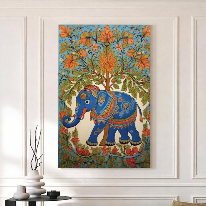 Madhubani Elephant Stretched Canvas Painting For Living Room | Indian Folk Animal Stretched Canvas Wall Art For Livingroom Home Decor, Bedroom, Hallway's, Office, Hotel - 56x86 cm