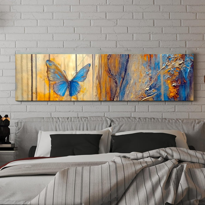 Large Stretched Canvas Painting, Panel Wall Art Print Abstract Blue Butterfly Luxury Paintings for Home Decoration (Blue, 12x46 Inch)