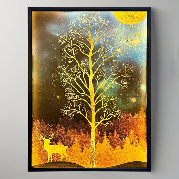 Framed Canvas Art Print with LED Light Decorative Canvas Wall Painting, Deer and Tree in Front of the Moon Wall Decor 43x58 cm