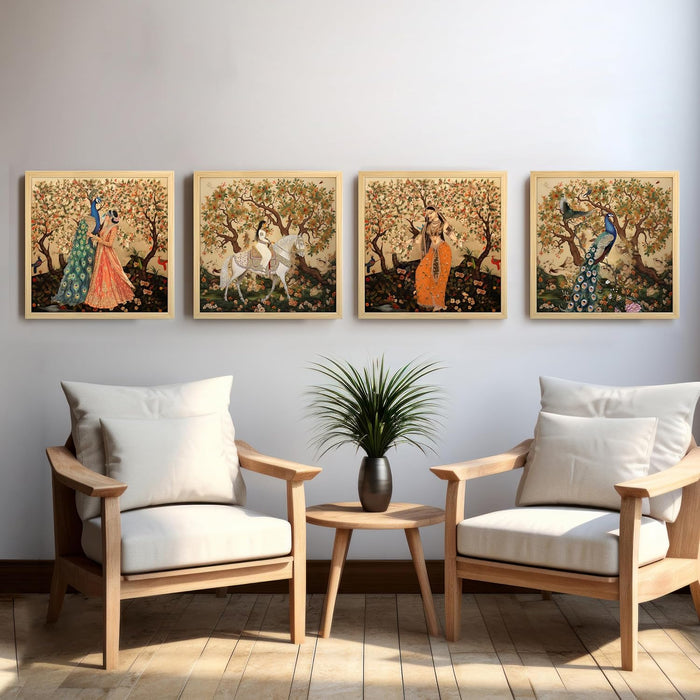 Madhubani Art Print, Women in Floral Garden (13.5x13.5 Inch, Pack of 4)