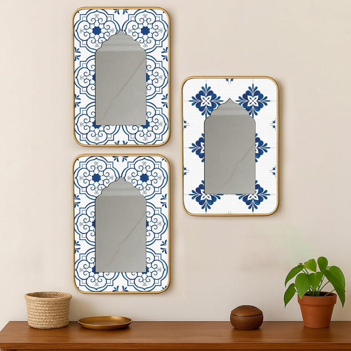 Decorative Jharokha Acrylic Mirror Set of 3 Blue Abstract Floral Pattern Printed Gold Metal Finish Décor Mirror (8.2x12.2 Inches)
