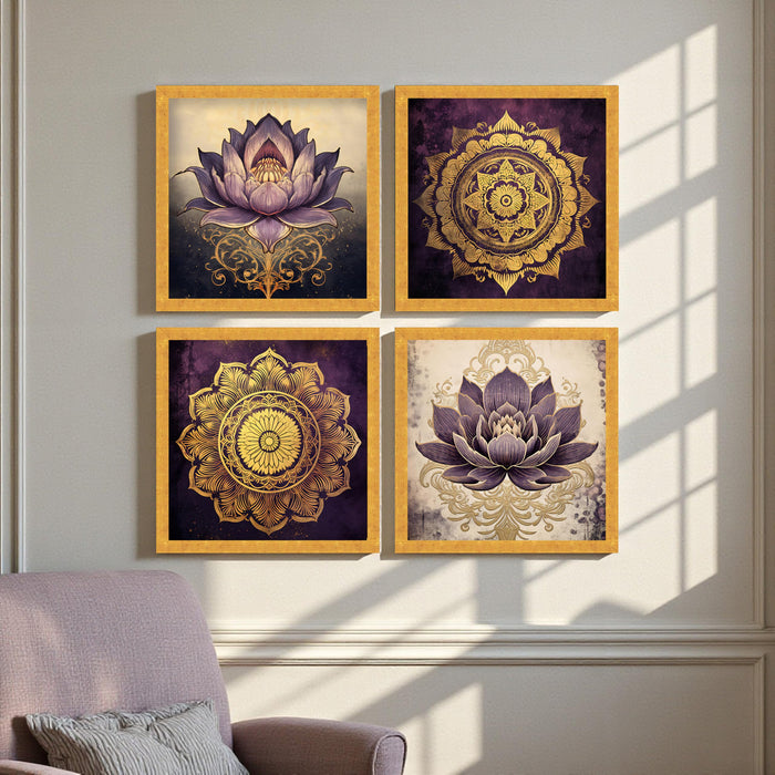 PAINTINGMANTRA Lotus Mandala Wall Décor Set of 4 | Spiritual Golden Floral Wall Paintings for Living Room, Bedroom, Home & Office, (13.2x 13.2 inch)