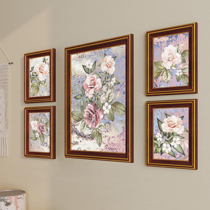 Art Street Pink Rose Floral White & Red Framed Art Print For Living Room, Decorative Home & Wall Decor - Set Of 5 (Brown, 4 Pcs-5x7 Inch, & 12x16 Inch)