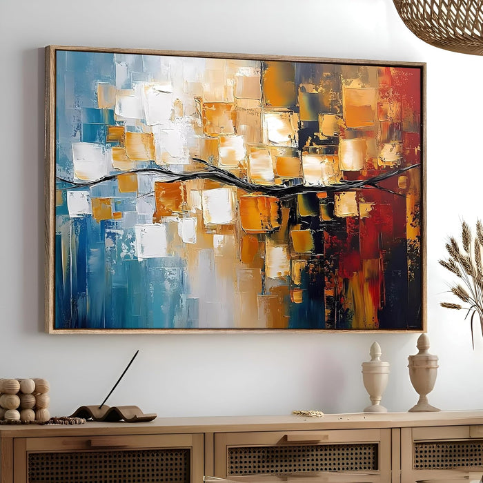 Landscape Abstract Canvas Wall Art Painting Btanch Of A Tree in Multicolor | Digital Painting on Framed Stretched Canvas (23x35 Inch)