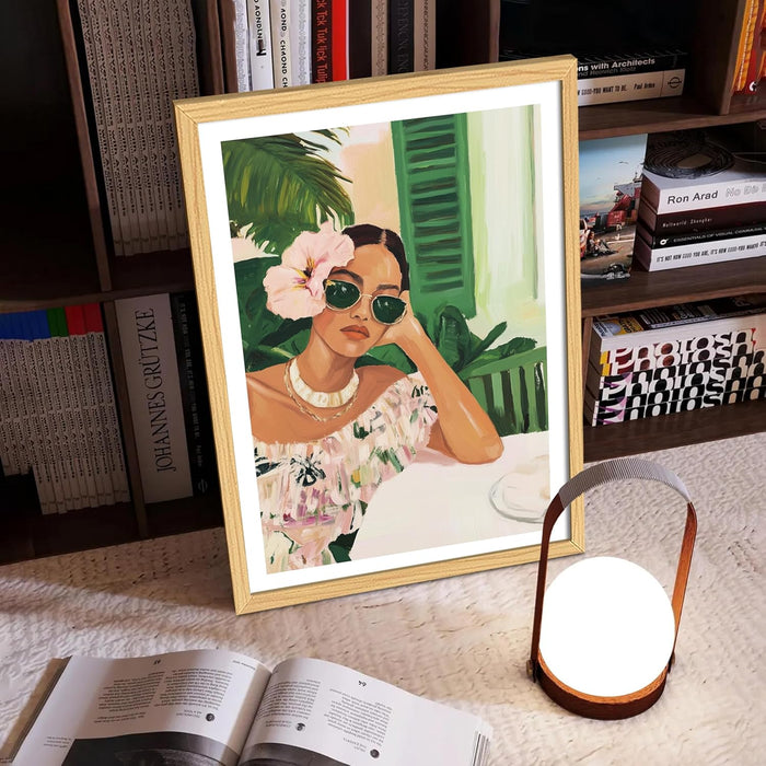 Boho Vintage Women in Cafe Portrait Wall Painting, Bohemian Large Wall Art Painting (16.9x22.9 Inches)
