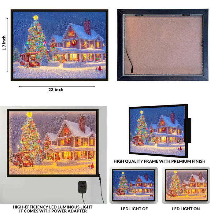 LED Christmas Wall Painting Lighted Holiday Christmas Tree Decorated Home Painting with Warm Glow for Living Room, Bedroom Festive Home Decoration (23x17 Inch)