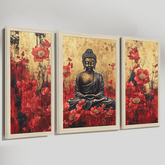 Buddha Floral Abstract Framed Wall Art Painting Home Décor Pack Of 3 | Digital Scenery Painting with Frame, Office Set Of 3, 22x46 cm, 33x44 cm