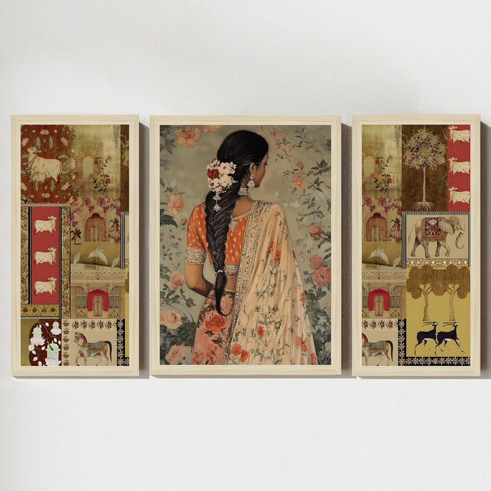 Botanicals Pichwai Framed Wall Art Painting Home Décor Pack Of 3 | Digital Scenery Painting with Frame, Set Of 3 22x46 cm, 33x44 cm