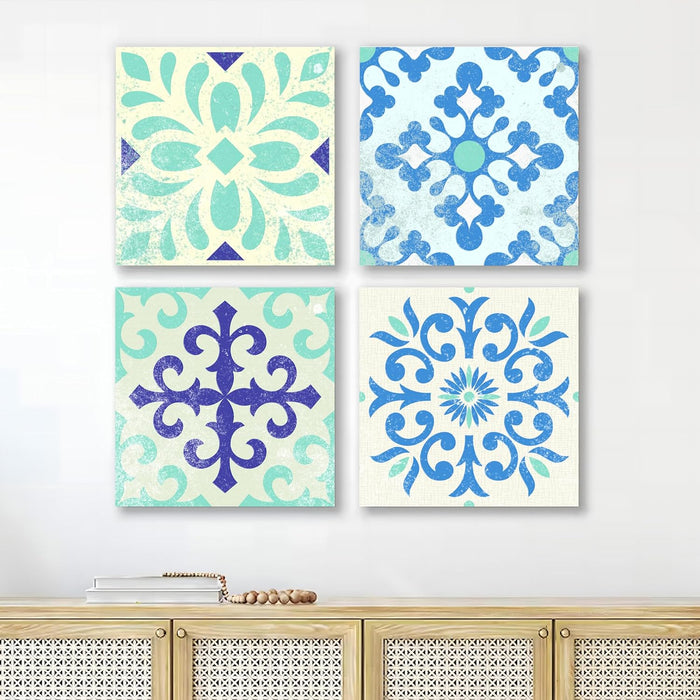 Set of 4 Stretched Canvas Bright Fractal Floral Moroccan Pattern Art Painting.